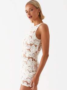 Women See Through Floral Lace Bodycon Mini Dress Crew Neck Sleeveless Cocktail Party Club Dress - Blanco - Ver 4