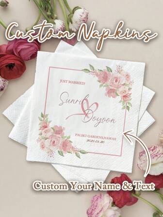 20-500pcs Custom Wedding Napkins, Floral Personalized Paper Cocktail Napkins, 3-Ply White Disposable Napkins For Bar, Bridal Shower, Engagement, Birthday, Wedding, Baptism, Harmless To Use And Touch, Ideal For Party Decorations And Wedding Decor, Custom Party Napkins, Christmas Decor