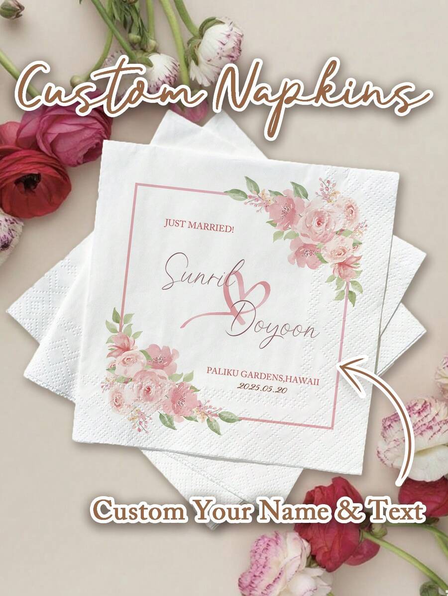 20-500 pièces Serviettes de mariage personnalisées, serviettes de cocktail en papier personnalisées avec motifs floraux, serviettes jetables blanches à 3 épaisseurs pour bar, enterrement de vie de jeune fille, fiançailles, anniversaire, mariage, baptême, inoffensives à utiliser et toucher, idéales pour les décorations de fête et la décoration de mariage, serviettes de fête personnalisées, Poetcore, Amour éternel, BridalCore - Blanc - Voir 1