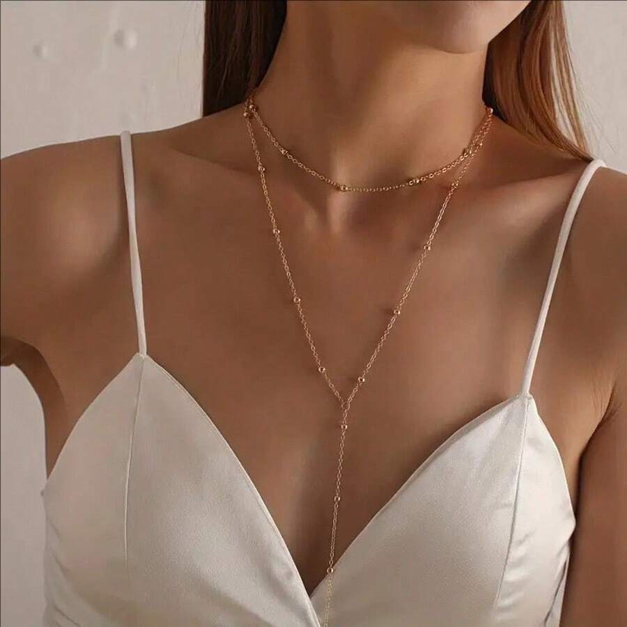 1 Double-Layer Stackable Gold And Silver Long Tassel Female Y-Shaped Round Bead Clavicle Necklace