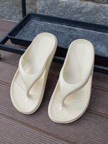 男女款休闲纯色柔软舒适人字拖，适合户外、海滩、度假、四季 - 米色 - 查看 4
