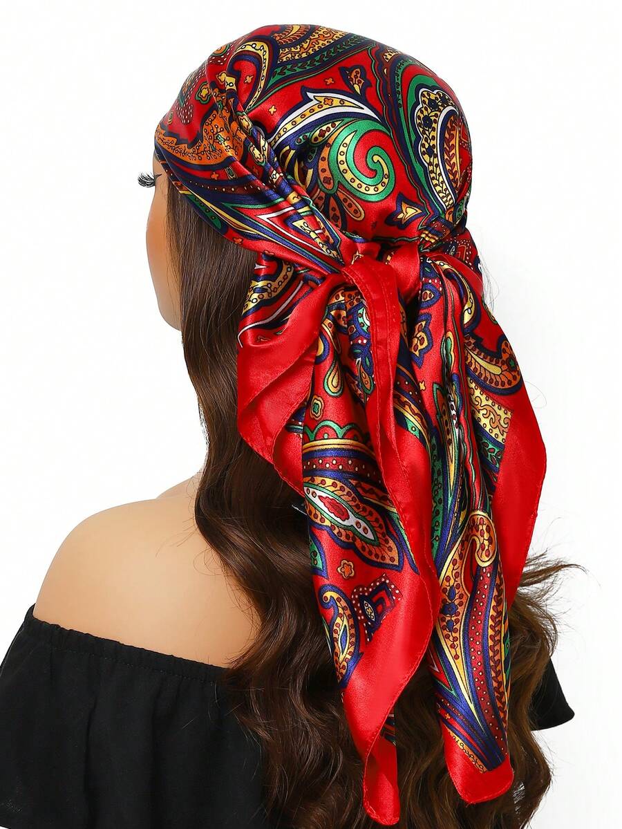 1条90厘米佩斯利花纹方形围巾头巾颈套披肩头巾，适用于连衣裙 - 彩色 - 查看 1