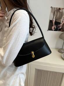Bolso baguette de concha retro con decoración de cerradura de metal de cuero PU suave, bolso de hombro para mujer, nuevo bolso de mano para dama, bolso cuadrado pequeño - Negro - Ver 7