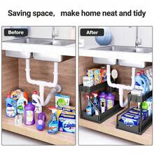 1pc Under Sink Organizers Black/White, 2 Tier Large Capacity Pull Out Kitchen & Bathroom Under Sink Drawer Organizer Space Saving, Black Storage Solution,Double Layer L Shaped Sliding Storage Organizer, Multi Functional Bathroom Caddy For Cosmetic, Cleaning Supplies, Great For Bathroom, Kitchen, Vanity Bathroom Accessories - Black - View 5