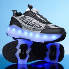 Summer Breathable LED Light-Up Sports Shoes With Detachable 4-Wheel Rollers For Teenagers, Students, Adults, Couples, Fashionable Outdoor Sports Sneakers For Men And Women, Versatile 2-In-1 Design - Black - View 4