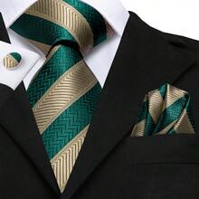 Olive Golden Striped 3pc/Set Mens Tie Hanky Cufflinks Necktie Set Formal Party Prom Dinner Ideal Gift Wedding Office - 橄欖綠 - 查看 6