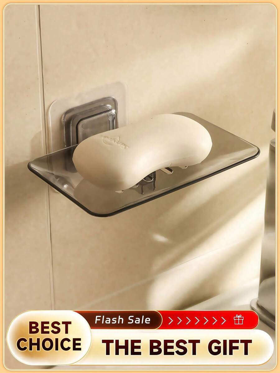 1pc Transparent Drainable Soap Holder, Punch-Free Soapbox With Traceless Adhesive Wall Mount, Suitable For Bathroom & Kitchen Home Bathroom Decor Summer