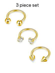 3 chiếc khuyên mũi bằng thép không gỉ mạ 18K 16G, khuyên mũi hình móng ngựa tròn Zirconia 8mm 10mm dành cho nam nữ, trang sức xỏ khuyên không gây dị ứng - Bộ 3 món - Xem 1