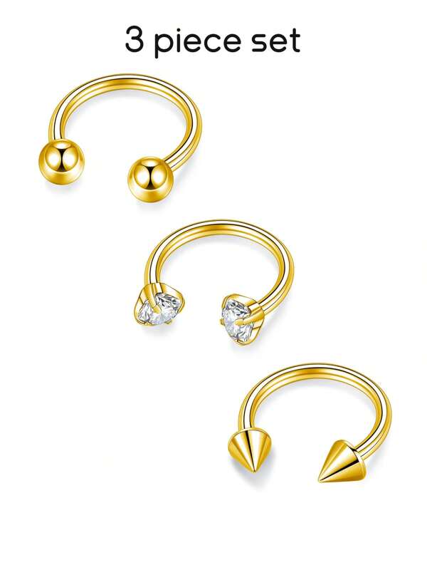 3 peças de anéis de septo de aço inoxidável banhados a 18K 16G, anel de septo nasal de zircônia, bola redonda, ferradura, argola nasal 8 mm 10 mm para mulheres e homens, joia de piercing hipoalergênica