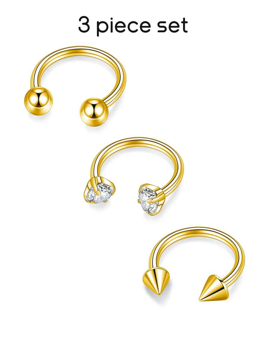 3 chiếc khuyên mũi bằng thép không gỉ mạ 18K 16G, khuyên mũi hình móng ngựa tròn Zirconia 8mm 10mm dành cho nam nữ, trang sức xỏ khuyên không gây dị ứng - Bộ 3 món - Xem 1