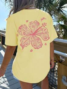 Oversized Y2k Graphic T Shirt For Women Teens Girl Floral Shells Starfish Butterfly Print Short Sleeve Baggy Tee Shirts Loose Fit Vintage Aesthetic Coastal Tops Summer Beach Vacation Preppy Going Out Tops Streetwear - 黃色 - 查看 3