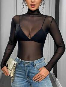 Europe And The United States Ladies Solid Color Sexy Ultra-Thin Mesh Stretch Tight Long-Sleeved Semi-Transparent Bottoming Shirt