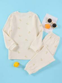 2 piezas/set Pijama de manga larga con estampado de pato de algodón de dibujos animados Thick para niños pequeños, adecuado para ropa de estar en casa y ropa exterior, primavera y otoño