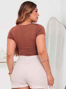 Blusa Decote Quadrado Suplex  Simples  Dia a Dia - Marrom - Visão 3