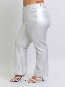 Womens Casual Straight Leg Pants Fashion Metallic Faux Leather High Waisted Trousers Glamorous Statement Bottom Wear Shiny Pearl White Perfect For Party Club Night Out Dancing Evening Wear Modern Street Style Fashion - 金屬銀 - 查看 4