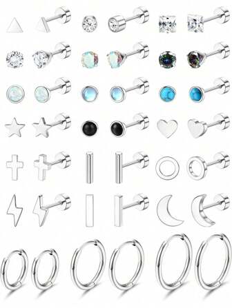 IRONBOX 1-21Pcs Small Stud Earrings For Women Surgical Steel Flat Back Earrings Silver Cartilage Hoops Earrings Set Hypoallergenic Pearl Star Moon Zirconia Moonstone Piercing Earrings For Women Men