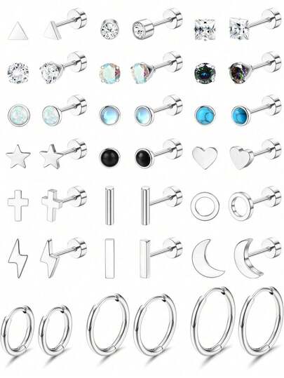 IRONBOX 1-21pcs Women's Stud Earrings Set, Hypoallergenic Flat Bottom Earrings, Silver Ear Cuff Earrings, Low Allergy Pearl, Star, Moon, Cubic Zirconia, Moonstone Pierced Earrings, Unisex