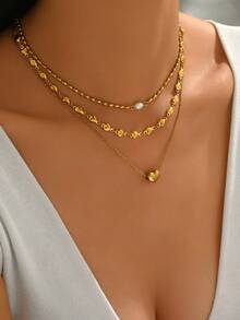 1 套浪漫不锈钢项链套装，适合女性日常佩戴或派对场合 - 金黃色 - 查看 2