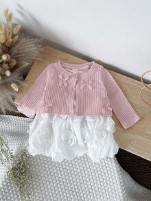 2pcs Baby Girls Sweet Headband Knit Cardigan & Rose Pattern Print Dress Set, Spring Autumn - Coral Pink - View 6