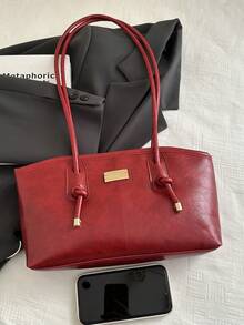 1 件绗缝拉链封口 PU 纯色保龄球包，大容量手提包，新款时尚高品质单肩包，复古风格，非常适合女性日常使用 - 紅色 - 查看 7