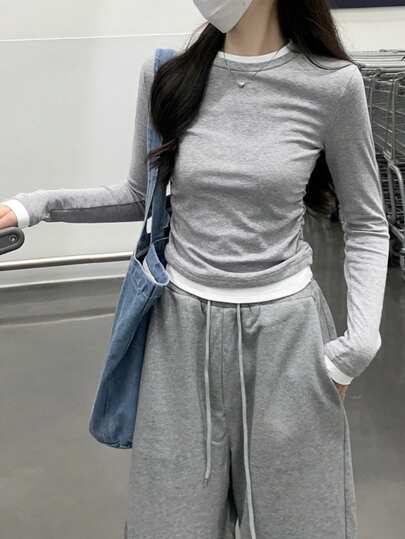 女式春季圆领撞色二合一褶皱长袖T恤上衣