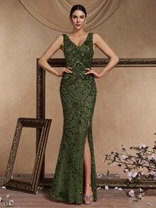 BluePlum Đầm dạ hội cao cấp, sang trọng, co giãn, đính sequin, cổ chữ V, xẻ cao, đuôi cá, thiết kế hở lưng tinh tế, phù hợp cho tiệc cocktail, đám cưới, các dịp trang trọng mùa xuân. - Màu xanh Ô liu - Xem 4