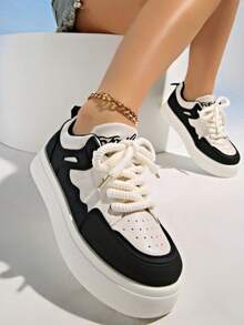 Mode Farbblock Lässig Weiße Sneaker, 2025 Frühling/Sommer Neue Vielseitige Segeltuch Schuhe, Schüler Schnürsenkel Plattform Dicke Sohle Komfort Sportschuhe für Damen - Schwarz und Weiss - Übersicht 4