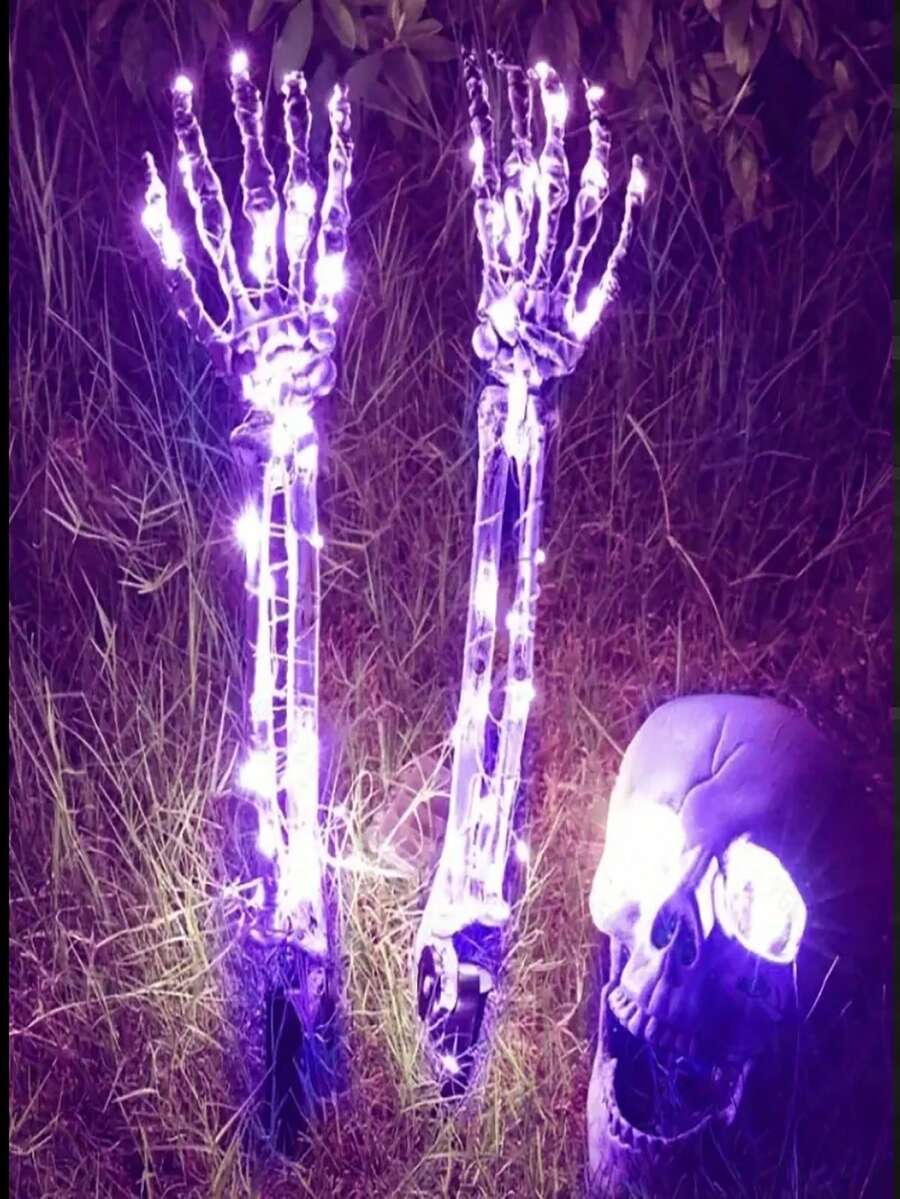 1 Set Of Realistic Halloween Skull Decorative Lights, 3 Pieces Skull Arms With Stakes Black Cracked Skulls Outdoor Yard Lawn Garden Cemetery Party Supplies, Yard Ground Stakes, Halloween Ground Stakes, Skeleton Hands Halloween Decor Light Home Decor Party Decor Halloween Decoration Room Decor Halloween Garden Decor For Gift Fairy - Halloween Skull Pile - View 1