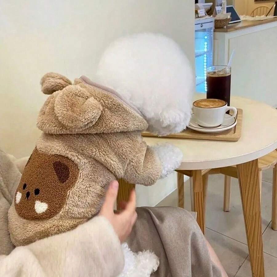 1pc Dog Clothes, Cute Bear Plush Hooded Cotton Padded Jacket, Suitable For Poodle, Teddy, Bomei And Pet Cats In Autumn/Winter - Multicolor - View 1