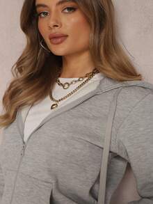 女式纯色长袖拉链前口袋抽绳连帽运动衫 - 灰色 - 查看 5