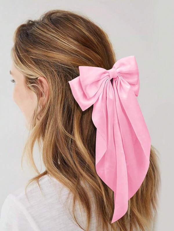 1pc Pink Satin Long Trailing Bow Silk Hair Clip, Elegant And Cute Spring Hair Accessory For Women Girls, Suitable For Daily, Holidays, Beaches, Photography, Student Back-To-School Seasons
