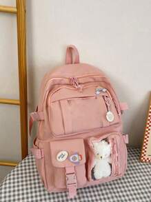 双色经典背包字母贴片，可爱校园风：可爱尼龙背包，带徽章和配件，不含卡片