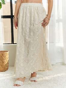 Womens Casual Maxi Skirt Elegant Romantic Floral Embroidered A Line High Waisted Full Length Formal Evening Party Wedding Guest Flowy Cream White Floor Length Summer Spring Special Occasion Swing Dance Skirt - 米色 - 查看 2