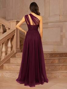 MOEVIO 女士不对称单肩交叉领口薄纱露背A字型正式长款伴娘婚礼宾客活动礼服，适合夏季情人节生日礼服、秋季女装、返校节生日女士服装 - 酒紅色 - 查看 2