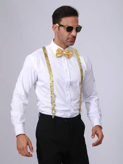 3pcs 70s/80s Disco Glitter Men's Accessories Set - Glitter Suspenders + Glitter Bow Tie + Gold Glitter Glasses, Suitable For Masquerade, Role Play, Daily Wear, Halloween, Wedding