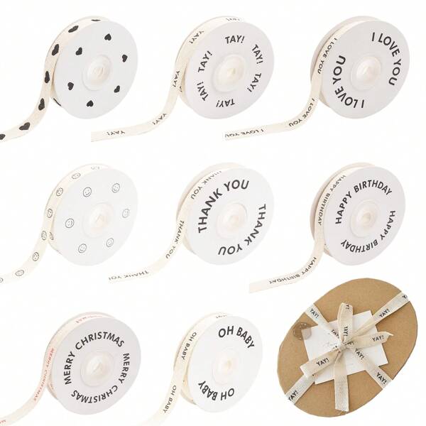 1 rollo de 1,5 cm x 10 m de cinta impresa con letra, cinta color beige para hacer lazos para decoración de regalos florales