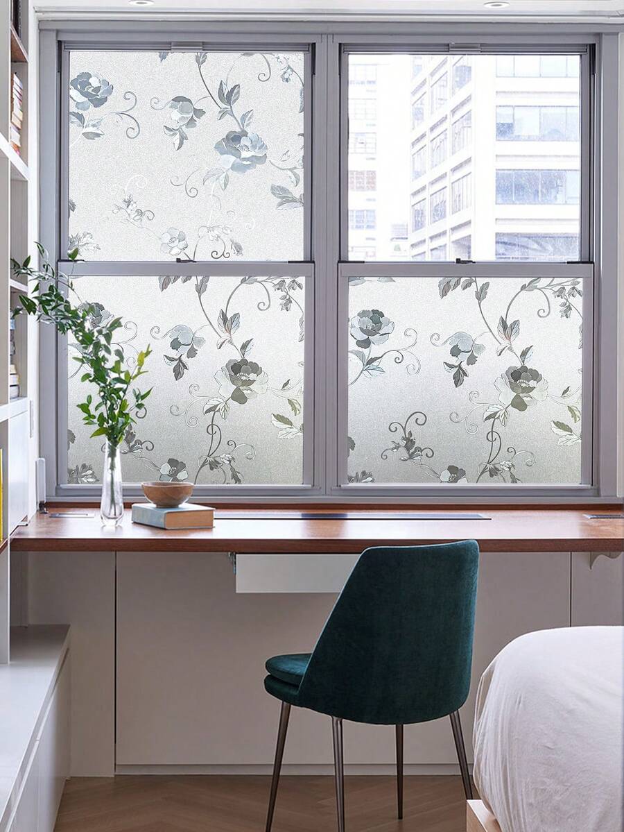 1 Roll Vintage Floral Pattern Window Privacy Film, 3D Frosted Floral Static Cling Film, Non-Adhesive Reusable, Suitable For Home, Kitchen, Living Room (17.53*118in)