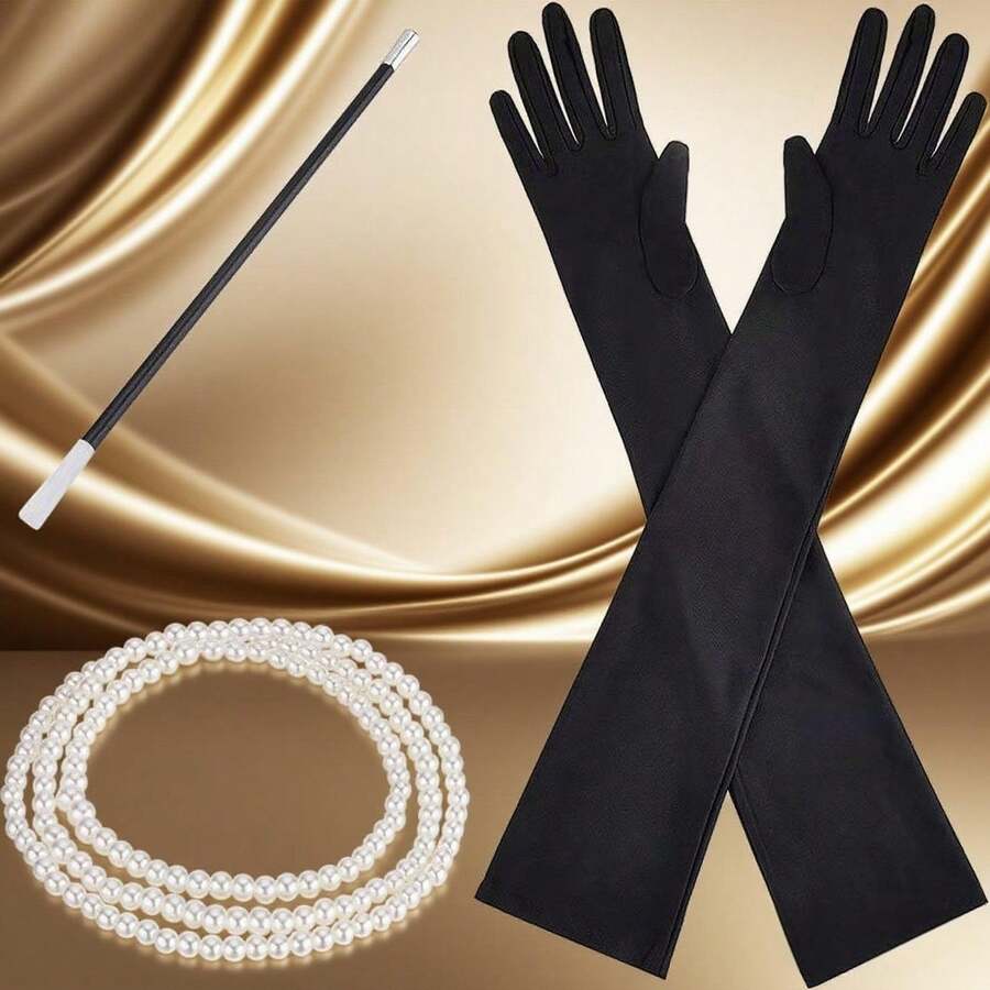 1920s Vintage Style Dance Party, Festival Wedding, Multi-Layered Pearl Necklace, Cigar Holder Trio Set, Ladies' Party Dress, Matching Accessories