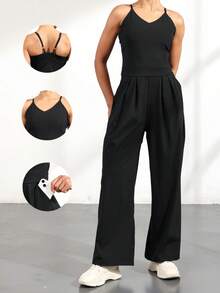 Women's Casual Pleated Loose Straight Leg Pants With Adjustable Shoulder Straps, Suitable For Spring And Summer Sports And Leisure Daily Travel, High-End Wide Leg Front Zipper Sleeveless Jumpsuit, Sexy Shoulder Strap Wide Leg Jumpsuit - màu đen - Xem 3