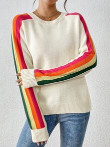 Áo len nữ dài tay cổ tròn kẻ sọc cầu vồng nhiều màu sắc, kiểu dáng thường ngày, màu trắng thu đông. - trắng - Xem 7