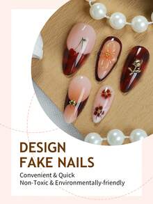 24 uñas postizas de forma de almendra de longitud media. Color marrón, adecuado para otoño/invierno. La superficie de las uñas está decorada con patrones florales, adornos de rosas y patrones de cerezas. Elegante y fácil de aplicar, crea una manicura exquisita y muestra buen gusto. Uñas postizas, suministros de manicura - Multicolor - Ver 3
