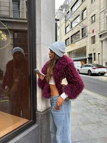 Women's New Solid Color Faux Fur Patchwork Evening Date Elegant Faux Fur Jacket - Burgundy - View 9
