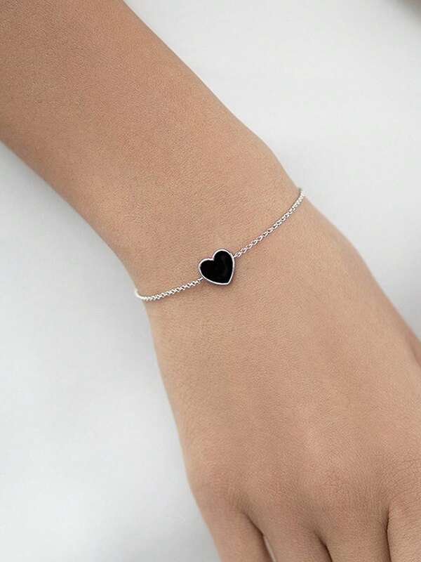 1 Piece Minimalist Casual Heart Shape 925 Sterling Silver Bracelet With Black Natural Onyx Inlay - Perfect For Ladies' Daily, Party & Banquet Wear | Ideal Birthday, Anniversary & Valentine's Day Gift