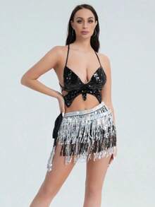 2pcs Set Glitter Fringe Strap Dress For Belly Dancing, Latin Dance, Stage Performance, Competition - 彩色 - 查看 16