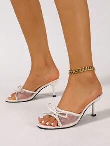 女士网眼透气露趾高跟凉鞋，优雅蝴蝶结细跟拖鞋，百搭夏季新品