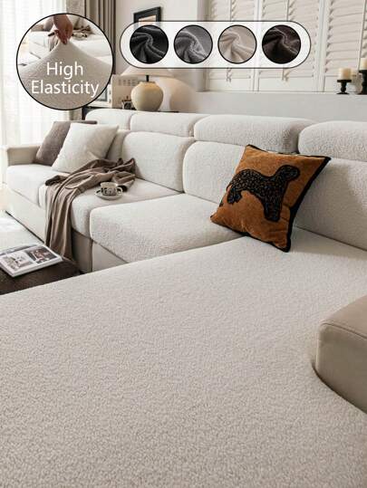 1pc Teddy Plush Solid Color Sofa Cover, Elastic Wrap-Around, Warm & Comfortable, Minimalist Ins Style, Pet-Friendly Anti-Slip Anti-Dirt Elastic Washable Sofa Slipcover, Suitable For L-Shaped Sofa 1/2/3/4 Seats In Living Room, Bedroom, Study