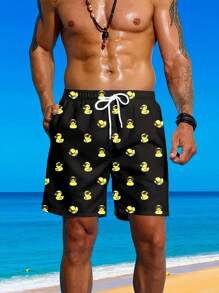 大码男士时尚鸭子印花抽绳腰沙滩短裤，度假风格 - 黑色 - 查看 2