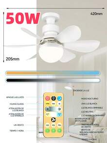 Ventilador de techo con luz y control remoto, Ventilador de techo LED regulable de 50 W con enchufe E27, Ventilador de techo para dormitorio, sala de estar, 6 aspas, 3 velocidades, temporizador - Blanco - Ver 2