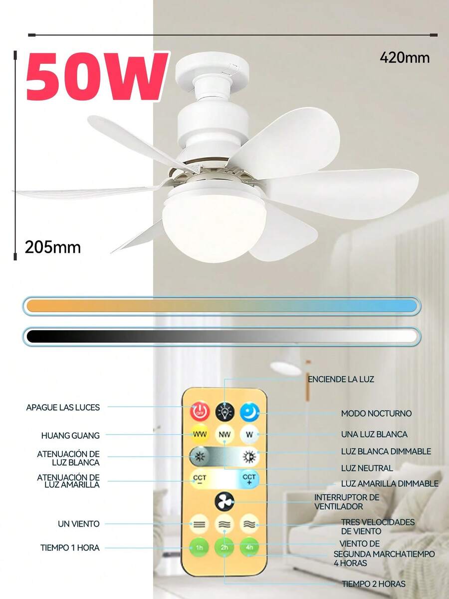 Ventilador de techo con luz y control remoto, Ventilador de techo LED regulable de 50 W con enchufe E27, Ventilador de techo para dormitorio, sala de estar, 6 aspas, 3 velocidades, temporizador