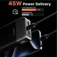 JUOVI 移动电源，便携式充电器，20000mAh 45W PD3.0 QC 4.0 快速充电电池组，带 LED 显示屏，2 个 USB-C 接口，2 个 USB-A 接口，适用于 Apple Phone 15，蓝色、绿色，适用于 Apple Phone、iPad、Android 手机，是送给家人、朋友、儿童、生日、圣诞节、冬季的礼物。适用于户外玩耍、购物、旅行、便携式电源。安全稳定的聚合物锂电池（黑色）。适用于暑假户外旅行/露营和应急备用移动电源，是送给家人、朋友、生日的礼物，电量显示 - 黑色 - 查看 3